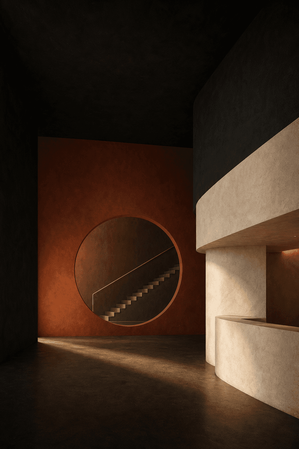 Intention pour un lobby d'hôtel : mur en enduit terre percé d'une grande ouverture circulaire sur un escalier.