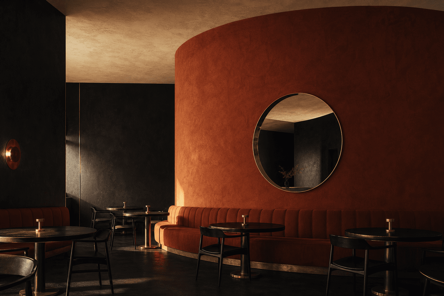 Intention pour une salle de restaurant : volume courbe en enduit terre, banquette longue, grand miroir circulaire.